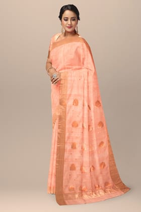 Peach Color Handwoven Traditional Floral Buta Chanderi With Golden Zari Border SKU - BS10153