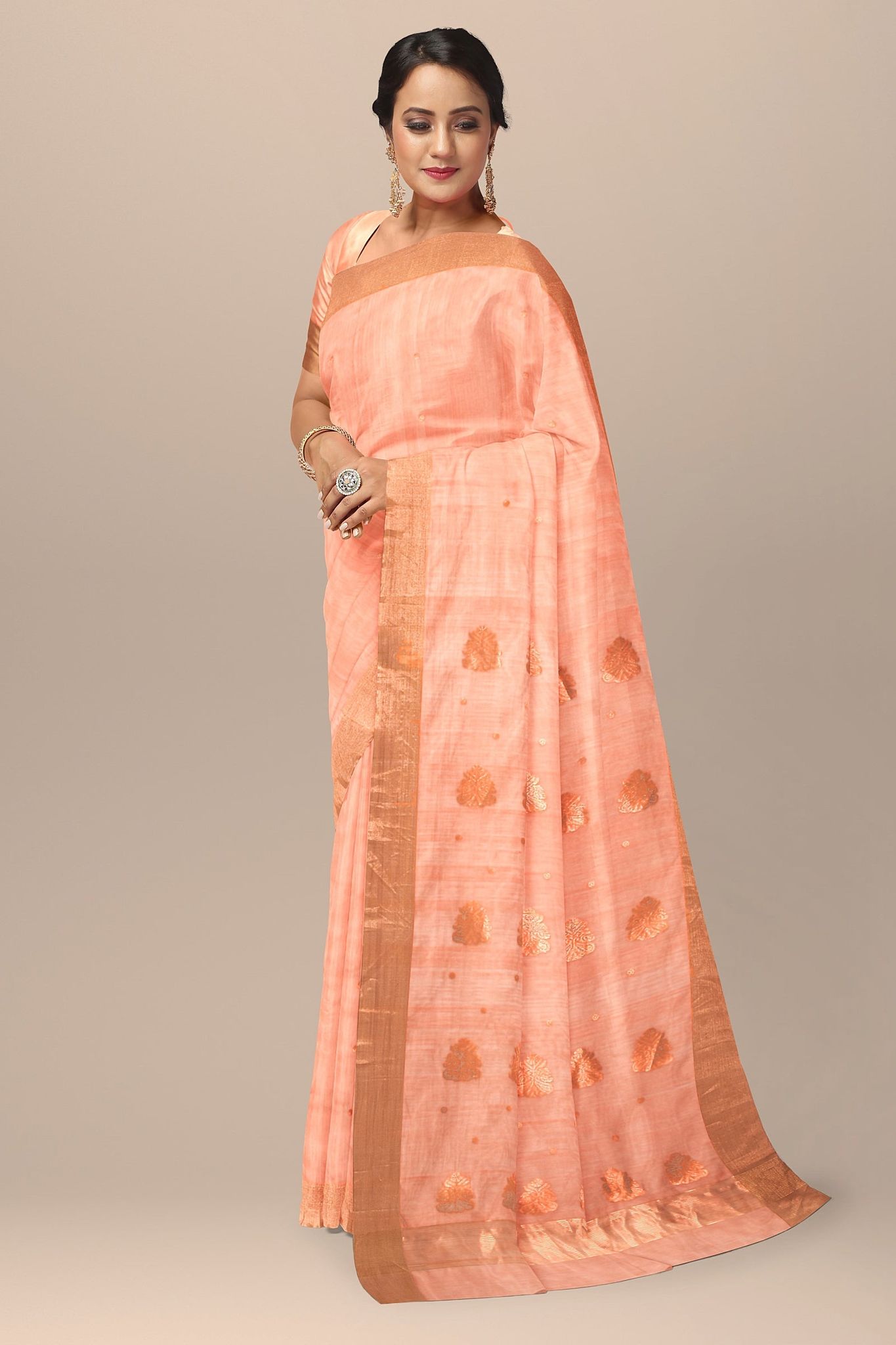Peach Color Handwoven Traditional Floral Buta Chanderi With Golden Zari Border SKU - BS10153