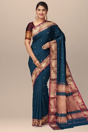 Peacock Blue Handwoven Mulberry Sausar Silk With Rui Buti And Zari Border Saree SKU-BS10149