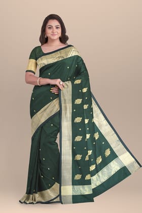 Pine Green Handwoven Traditional Floral Buta Chanderi With Golden Zari Border SKU - BS10155