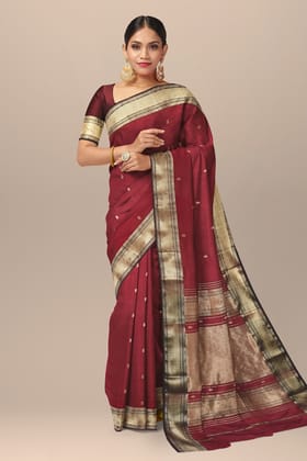 Ruby Red Handwoven Mulberry Sausar Silk With Rui Buti And Zari Border Saree SKU-BS10157