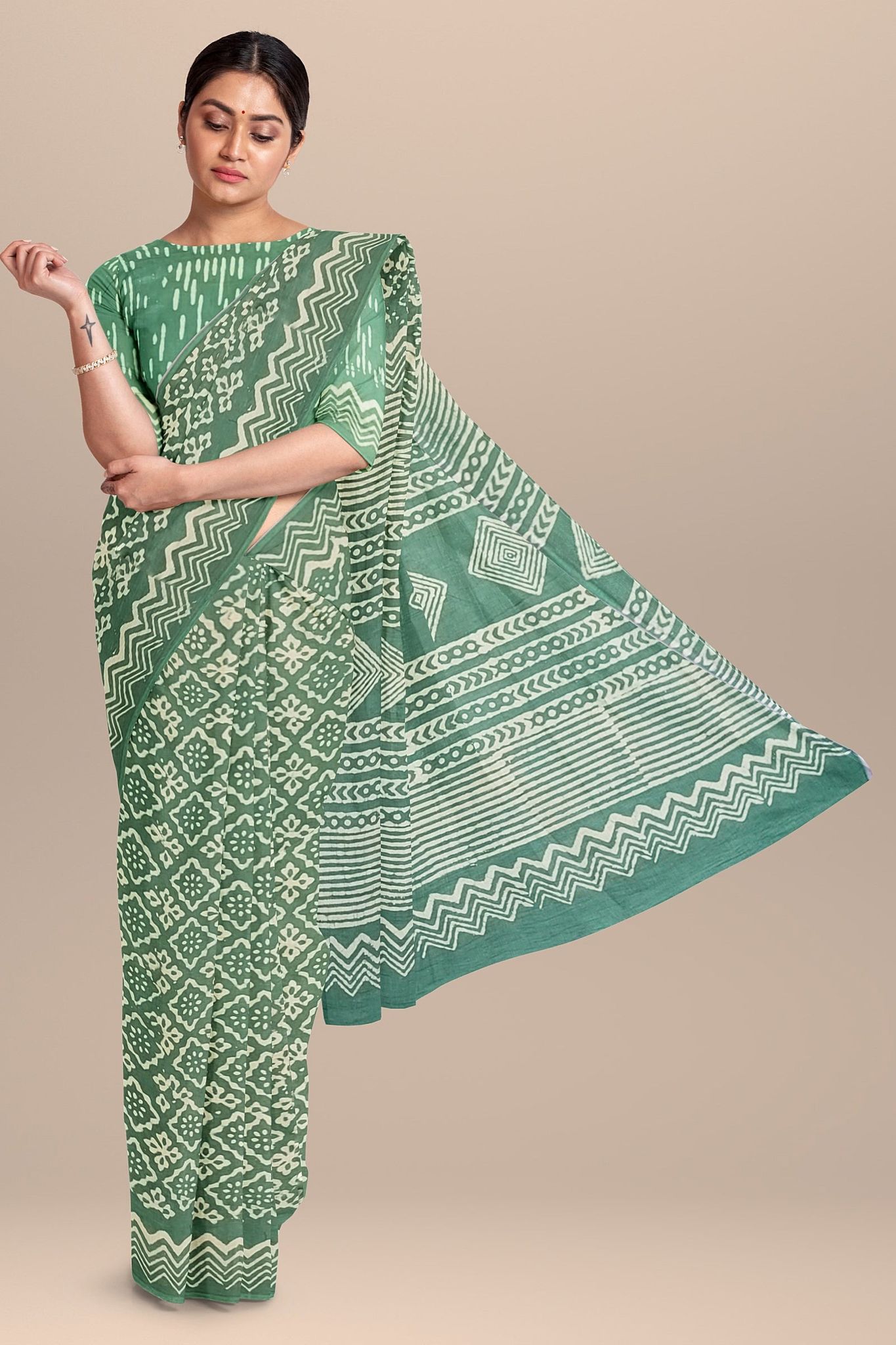 Sage Green Color Daboo Hand Block Print Malmal Cotton Saree SKU-BS10163