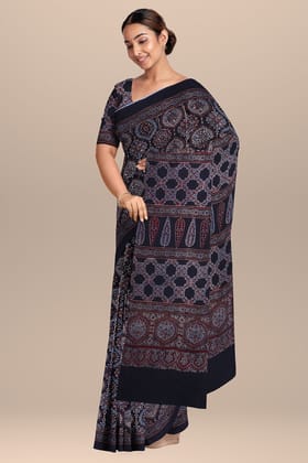 Black Ajrakh Hand Block Print Cotton with Floral Print SKU-BS10075