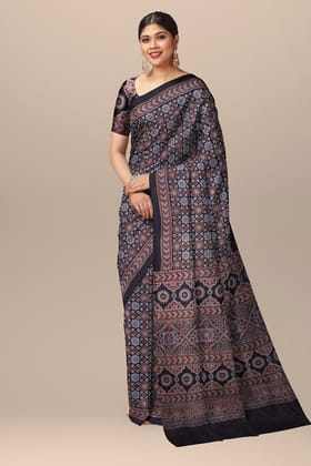 Black Geometrical Pattern Hand Block Print Ajrakh Cotton Saree SKU-BS10081
