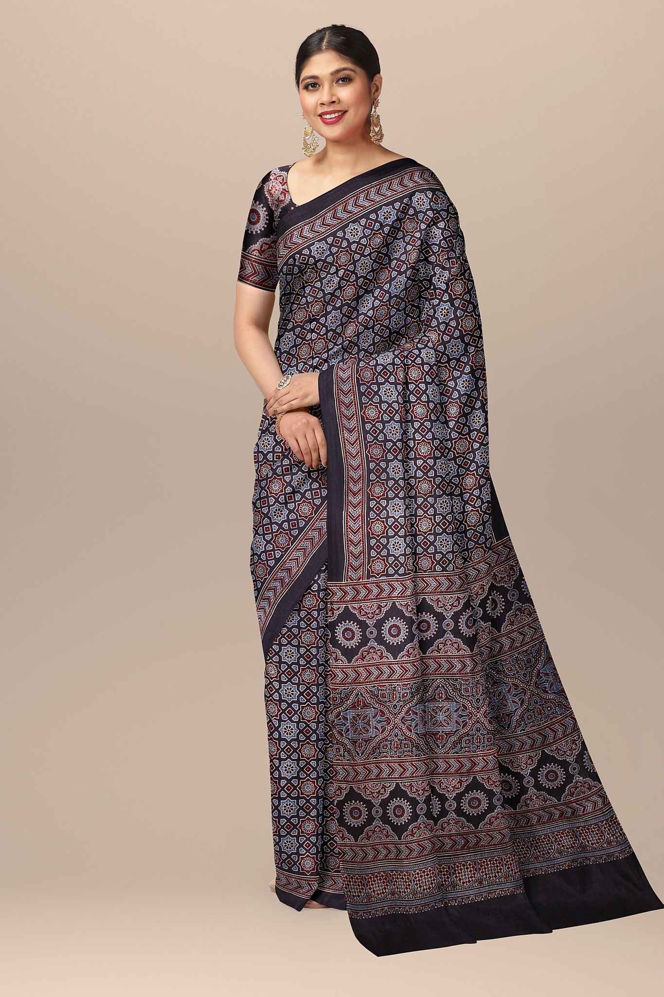 Black Geometrical Pattern Hand Block Print Ajrakh Cotton Saree SKU-BS10081