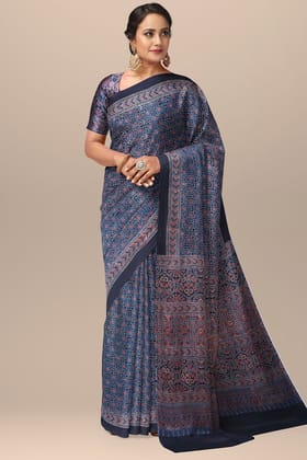 Black Ajrakh Hand Block Printed Modal Silk Saree with Floral and Geometrical Print  SKU-BS10070
