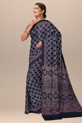 Black Ajrakh Hand Block Printed Modal Silk Saree with Floral and Geometrical Print  SKU-BS10074
