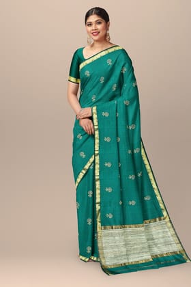 Bottle Green Buti Motif Handwoven Hand Block Print Sausar Silk With Ghicha Palla Saree SKU-AS10063