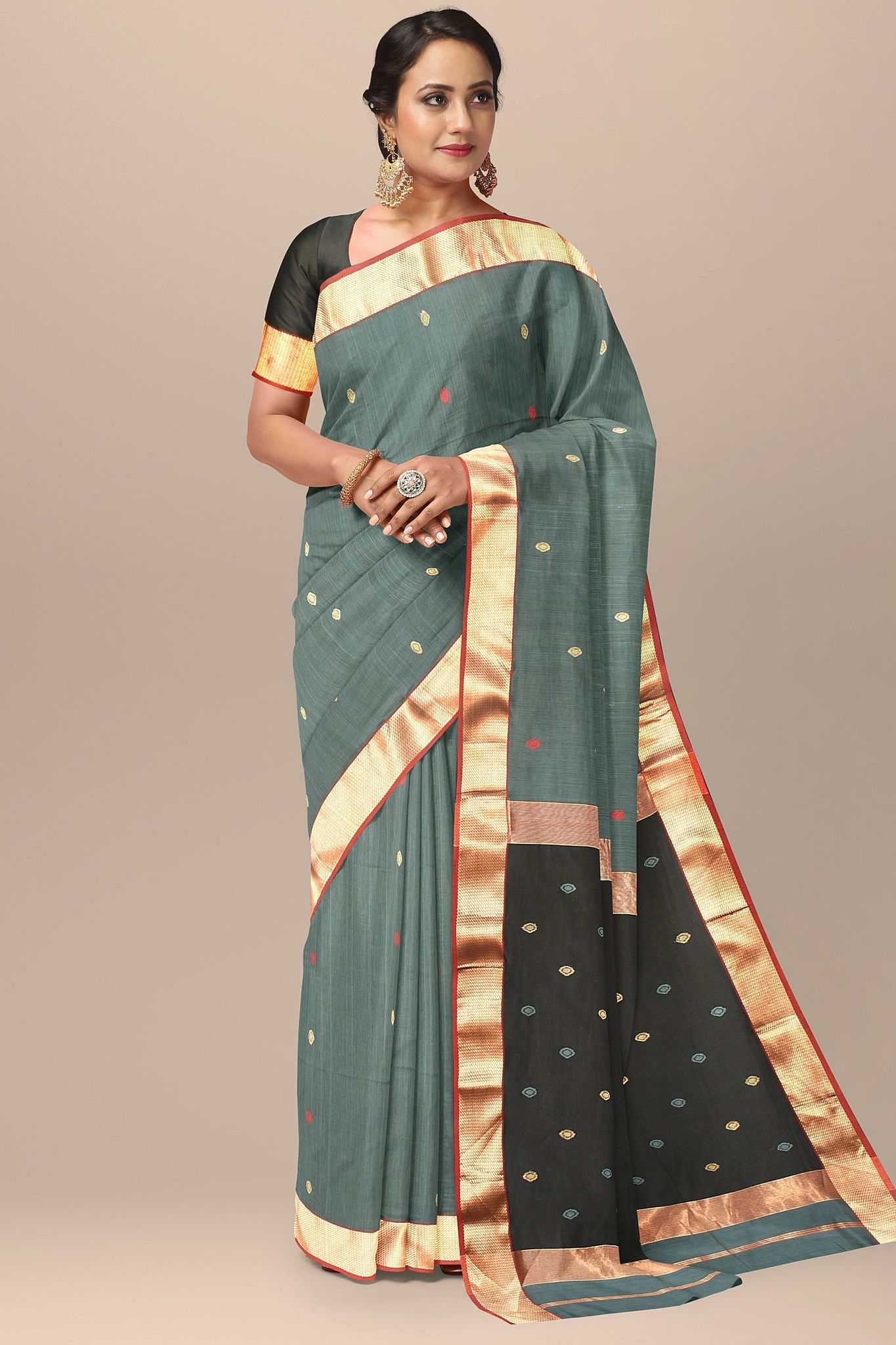 Castleton Green Buti Design Handwoven Maheshwari  Silk Saree SKU-BS10053