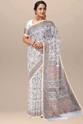 Off White Floral Motif Handwoven Hand Block Print Sausar Silk Saree SKU-AS10005