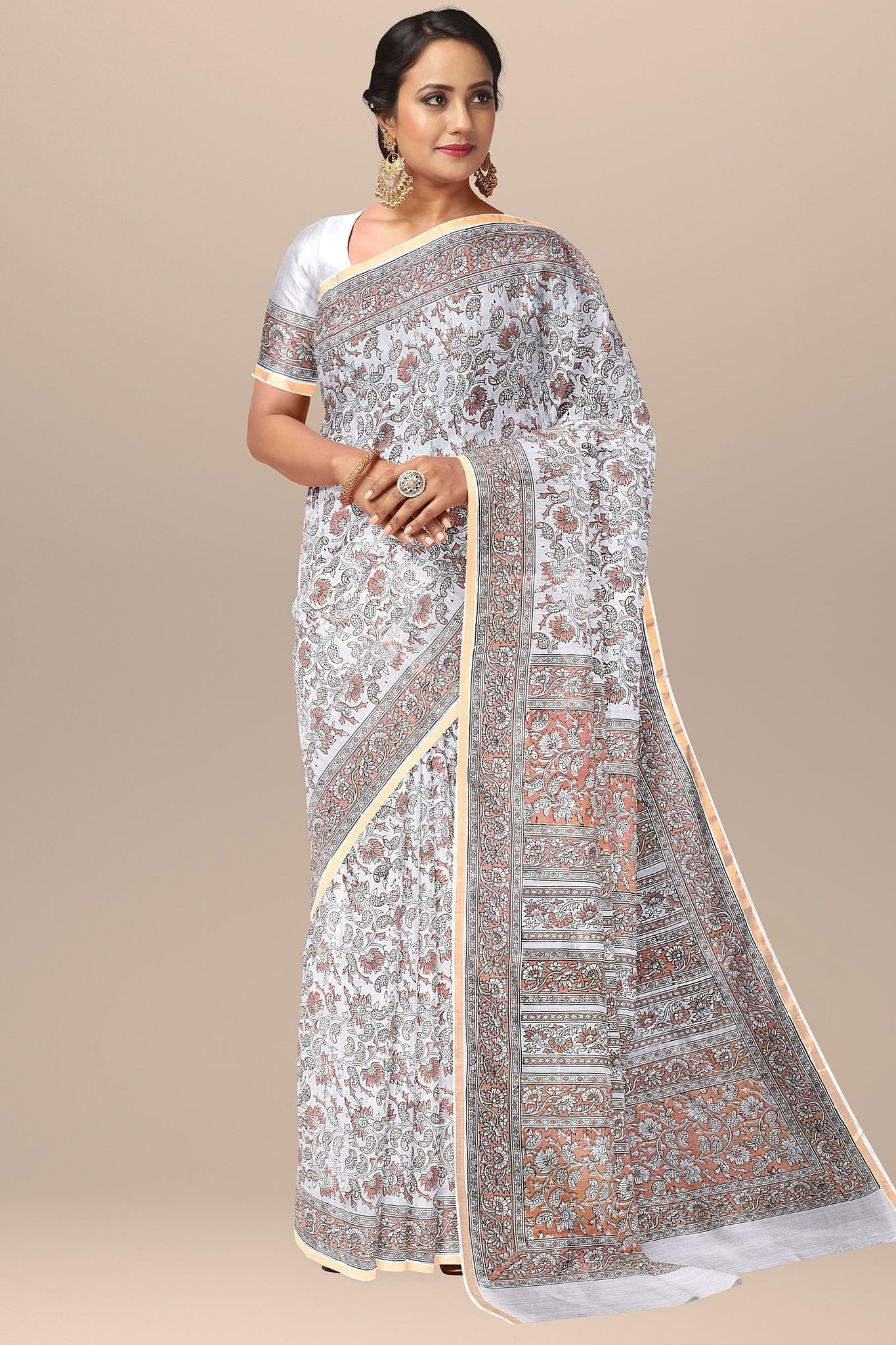 Off White Floral Motif Handwoven Hand Block Print Sausar Silk Saree SKU-AS10005