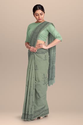 Sage Green Tribal Motif Hand Block Print Malmal Cotton Saree SKU-AS10059