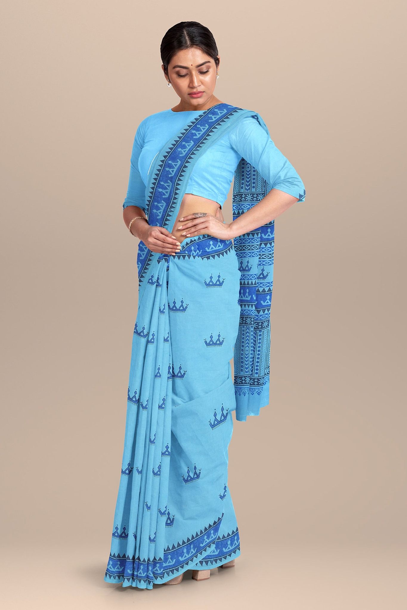 Sky Blue Tribal Motif Hand Block Print Malmal Cotton Saree SKU- AS10062