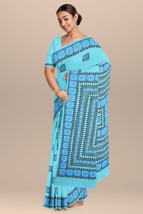 Turquoise Blue Tribal Motif Hand Block Print Malmal Cotton Saree SKU- AS10061