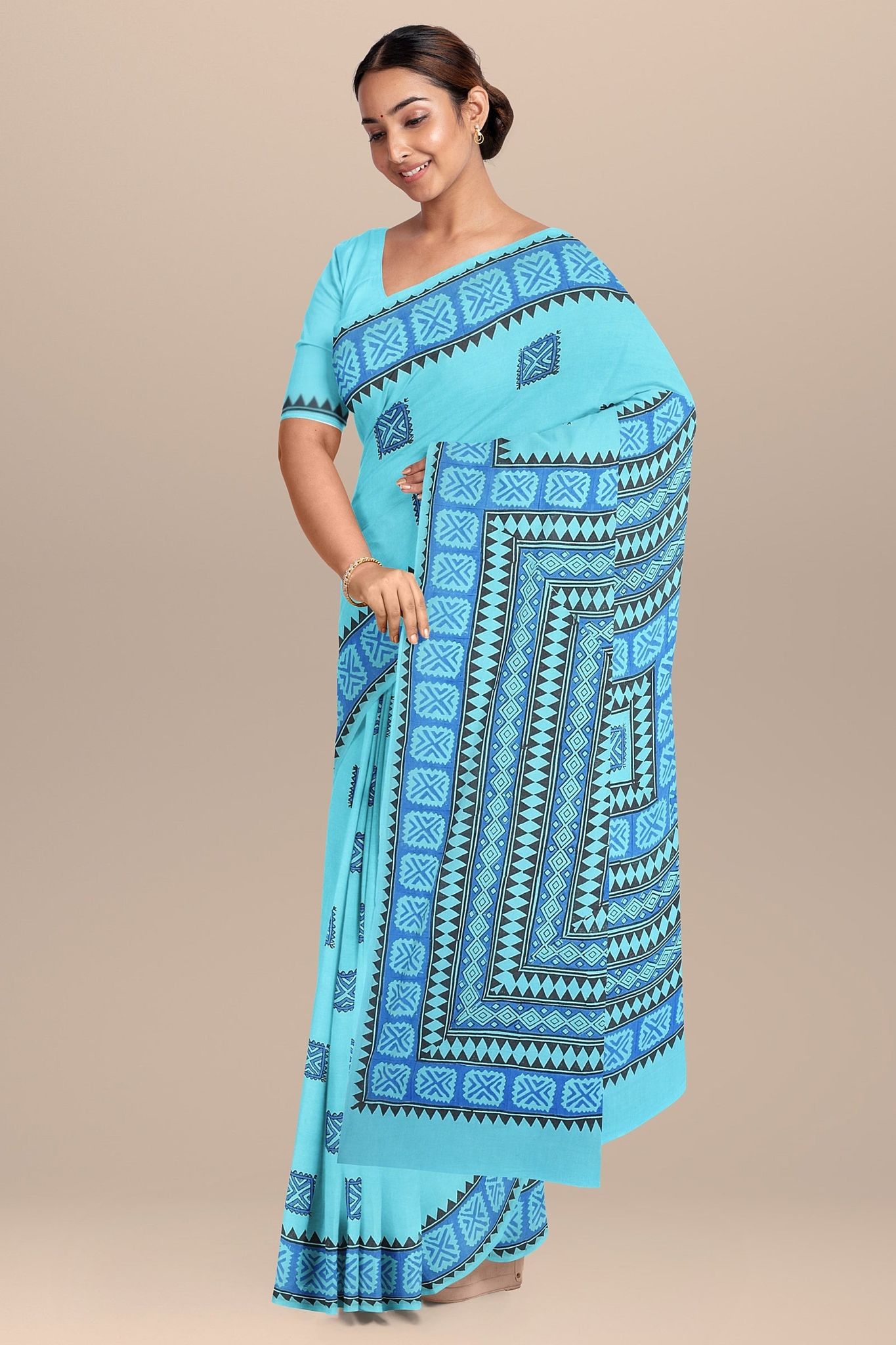 Turquoise Blue Tribal Motif Hand Block Print Malmal Cotton Saree SKU- AS10061