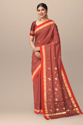 Crimson Red Traditional Floral Buta Handwoven Chanderi With Golden Zari Border SKU - BS10158