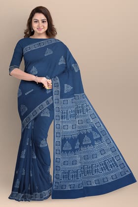 Dark Blue Tribal Motif Chhipa Hand Block Print Malmal Cotton Saree SKU-AS10068
