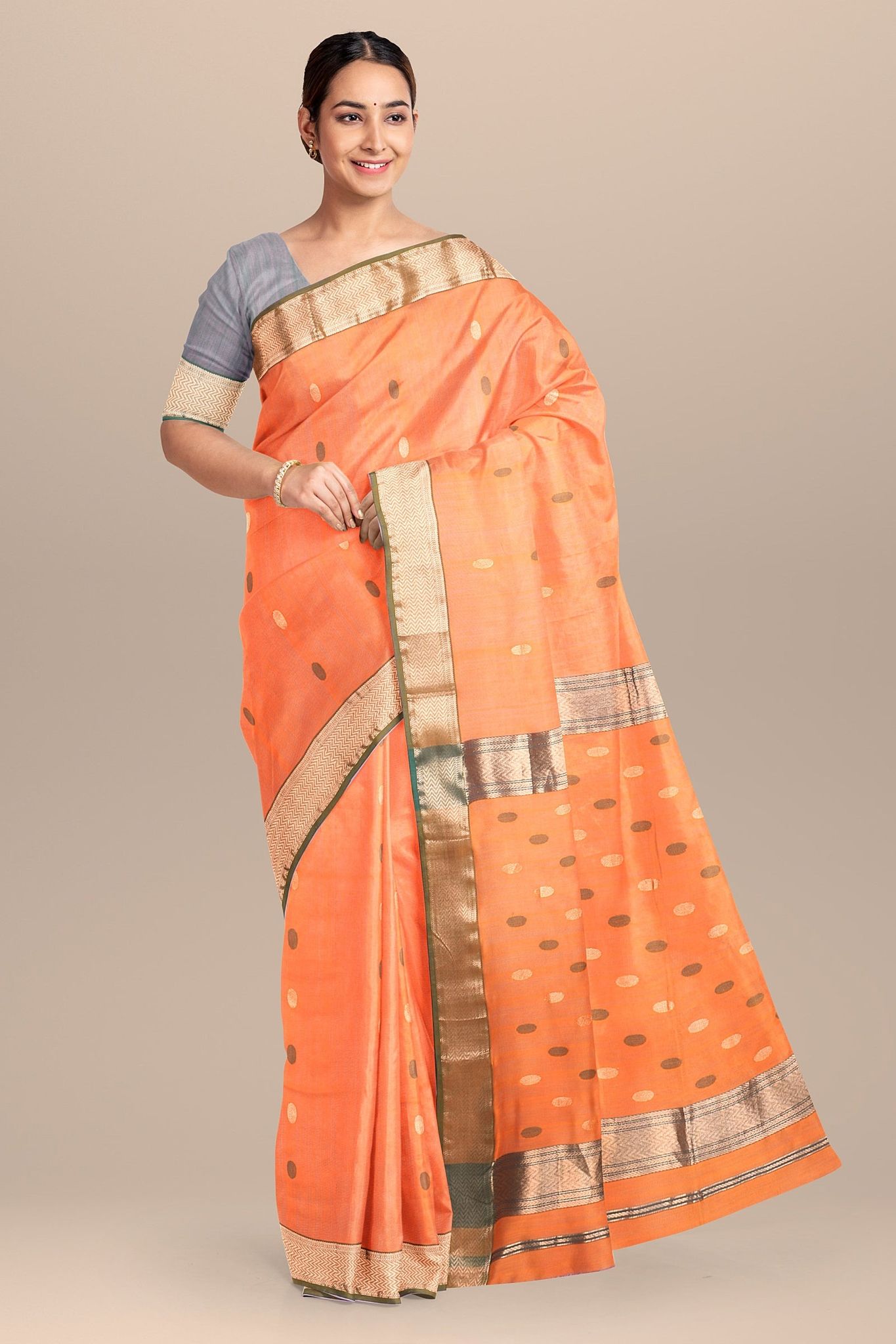 Aerospace Orange Rudraksh Buti Handwoven Sausar Silk Saree with Zari Border SKU-BS10059