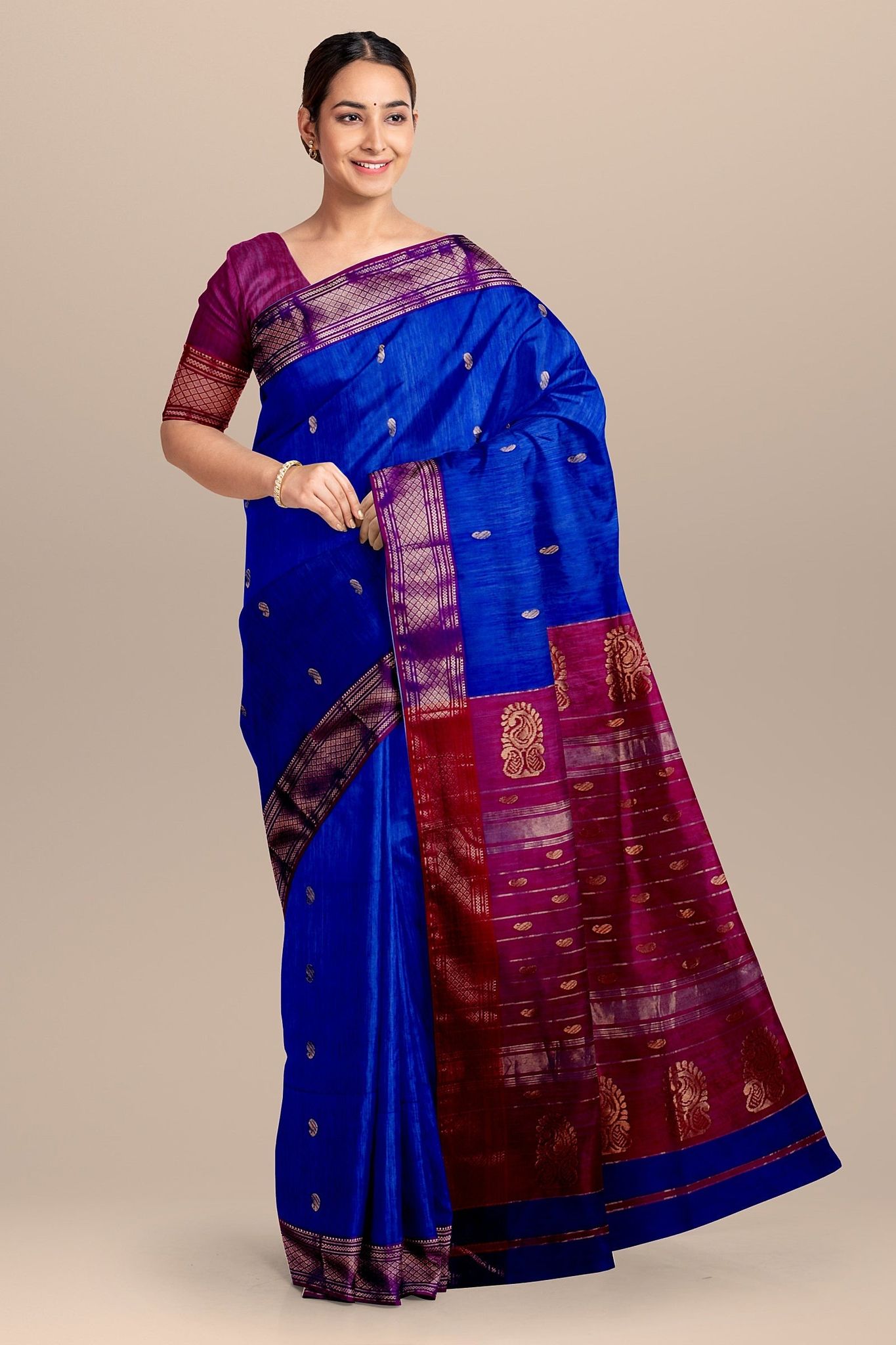 Blue Carry Buti Handwoven Sausar Silk with Zari Border and Floral Buta Marron Palla Saree SKU-BS10121