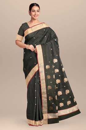 Dark  Mehandi Green Handwoven Traditional Floral Buta Chanderi With Golden Zari Border SKU - BS10142