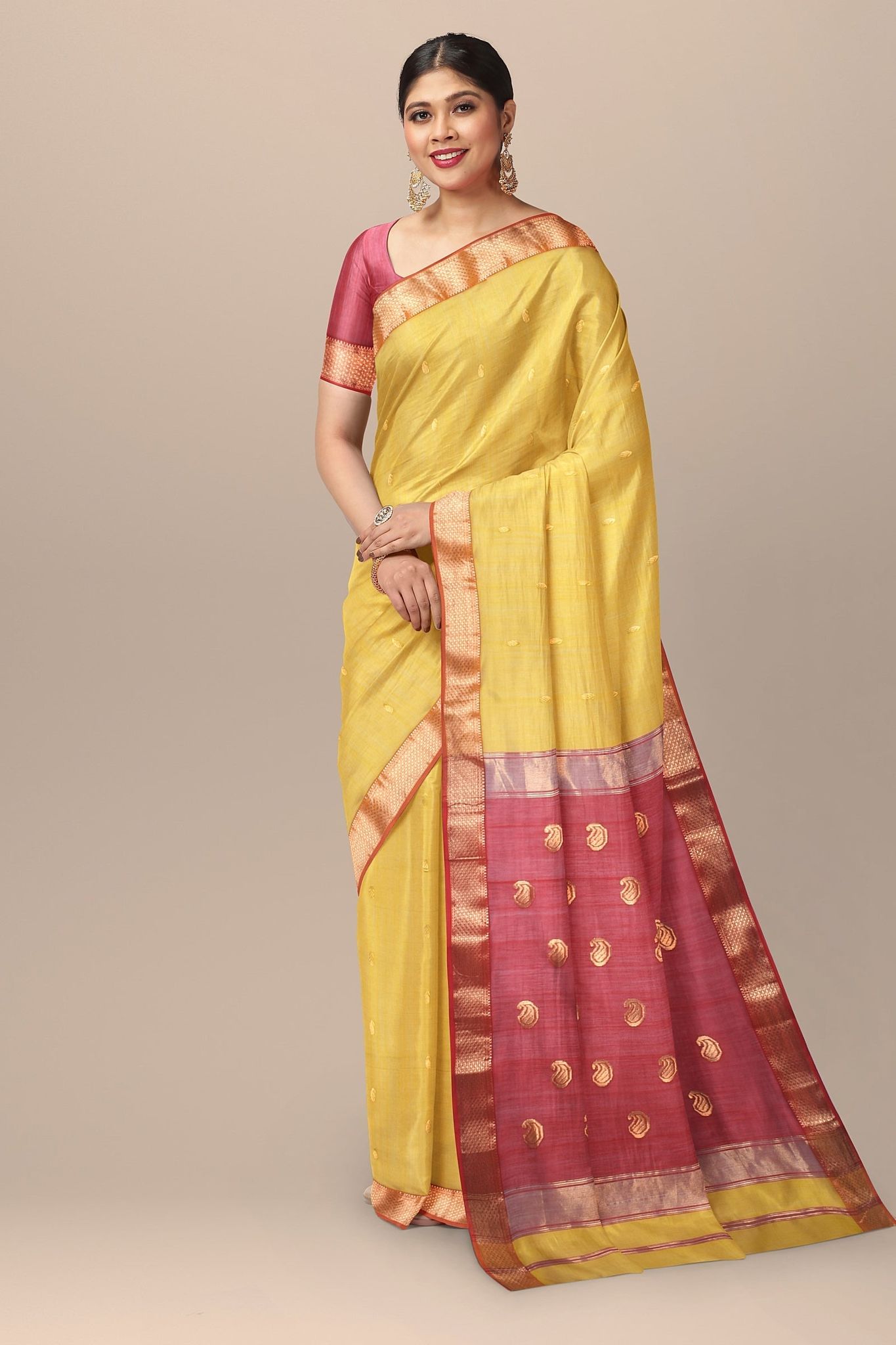 Golden Yellow Handwoven Sausar Silk with Zari Border and Carry Buta Saree SKU-BS10039