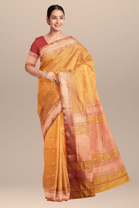 Golden Yellow Rui Buti Handwoven Mulberry Sausar Silk with Broad Zari Border Saree Saree SKU-BS10132
