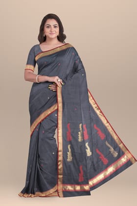 Grey Handwoven Traditional Floral Buta Chanderi With Golden Zari Border SKU - BS10144