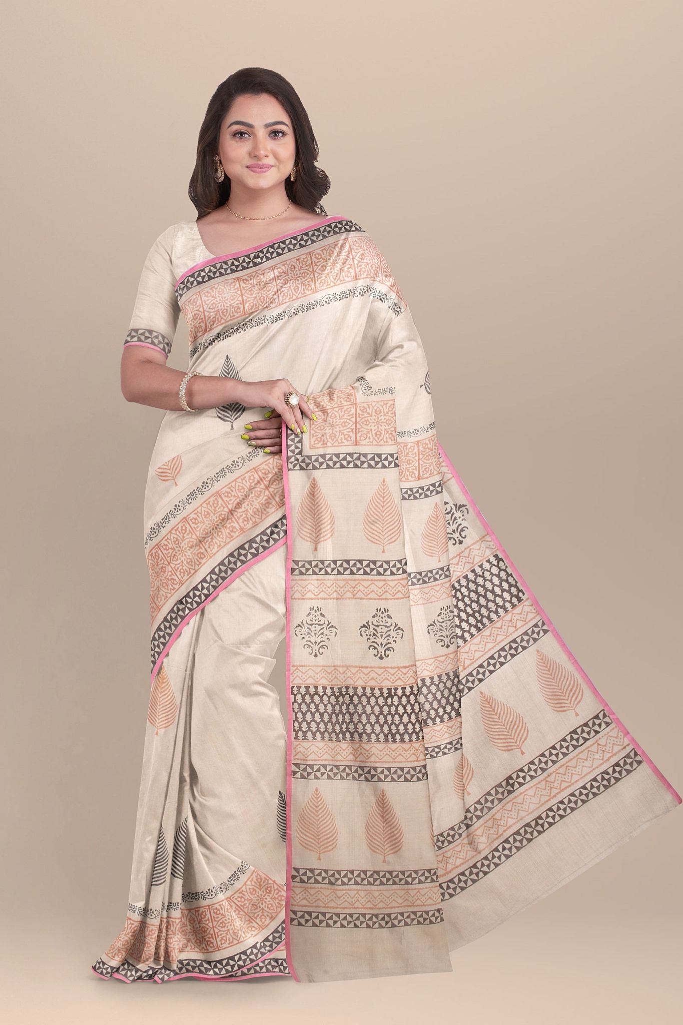 Beige Color Leaf Motif Handwoven Hand Block Print Sausar Silk Saree SKU-AS10027