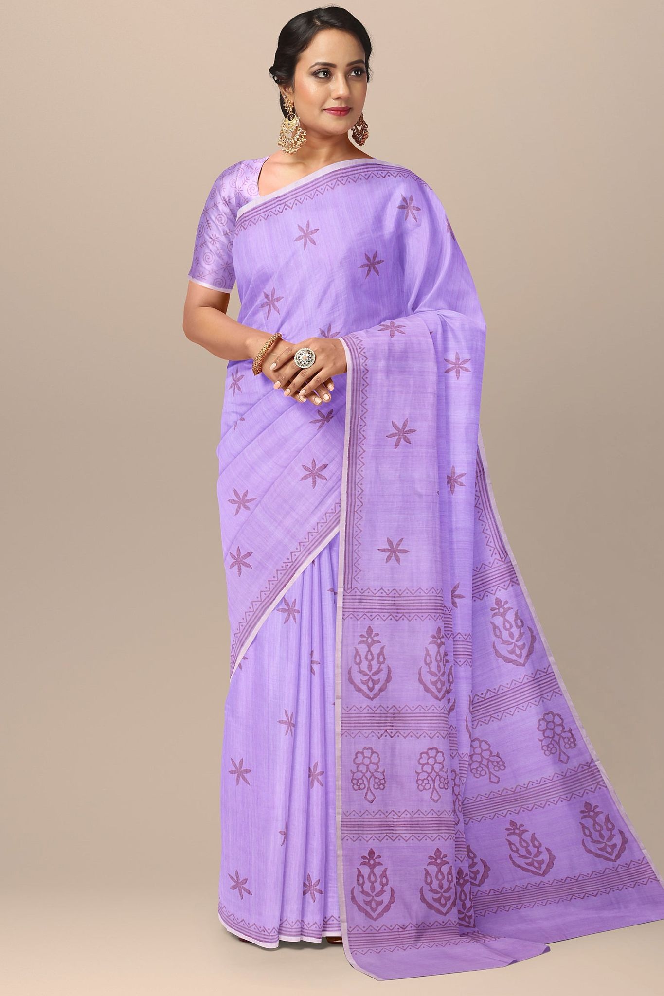 Lavender Floral Motif Handwoven Hand Block Print Sausar Silk Saree SKU-AS10028
