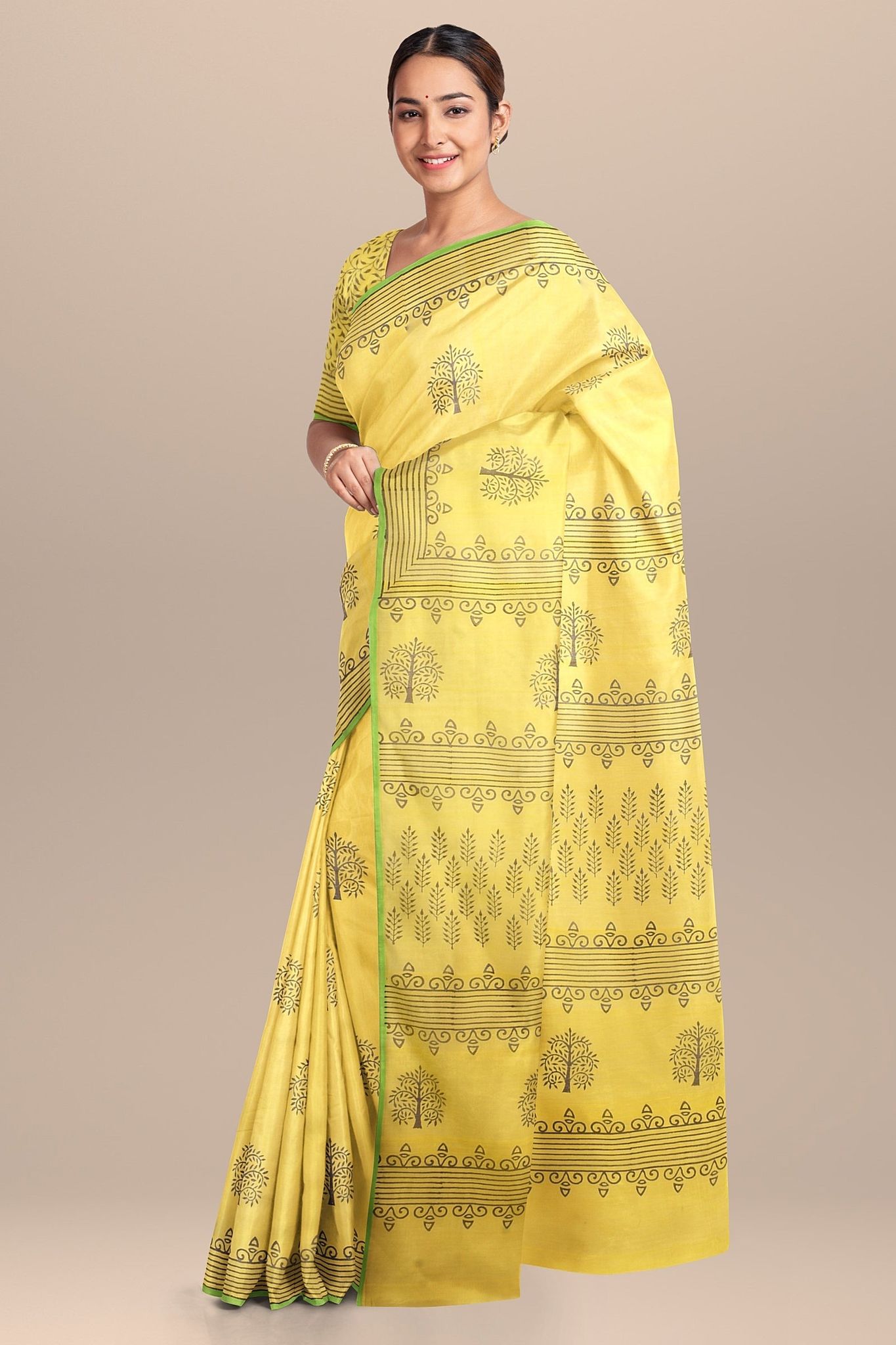 Lemon Yellow Tree Motif Handwoven Hand Block Print Sausar Silk SKU-AS10023