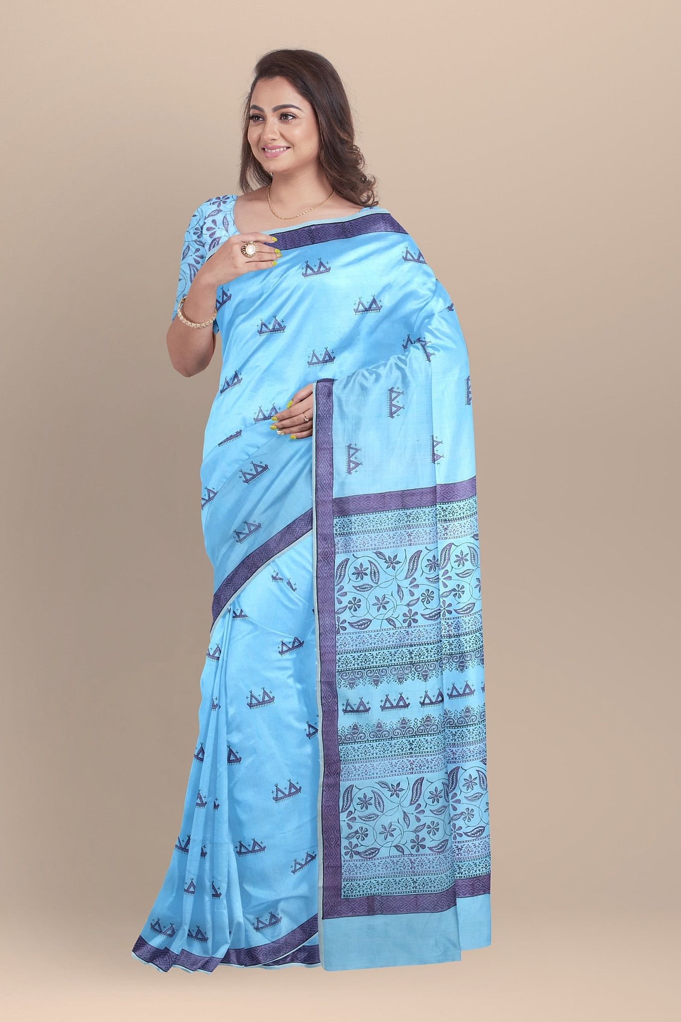 Sky Blue Tribal Tattoo Hand Woven Hand Block Sausar Silk Saree SKU-AS10020