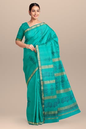 Turquoise Blue Handwoven Hand Block Print Sausar Silk Saree SKU-AS10014
