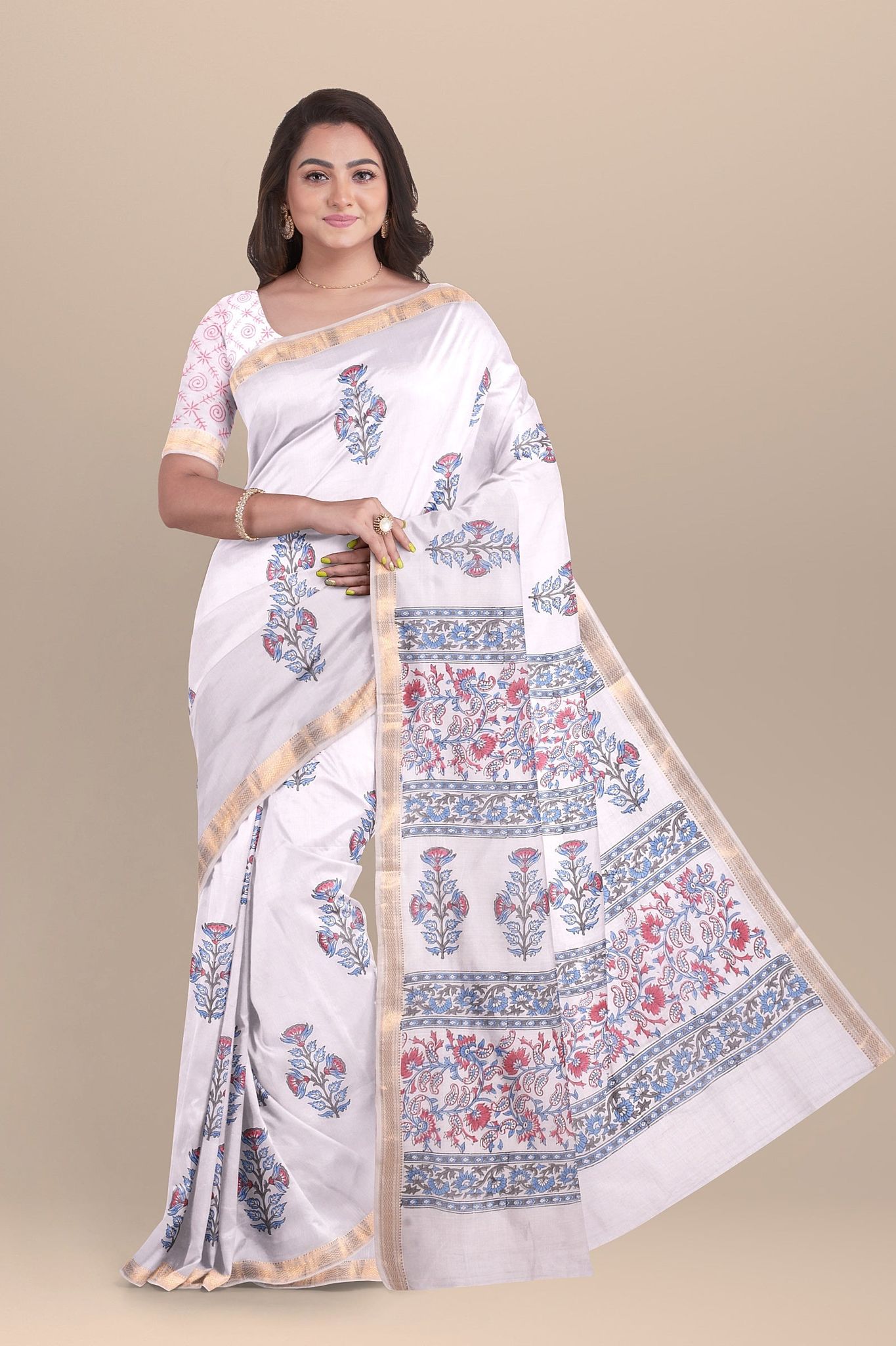 White Floral Pattern Handwoven Hand Block Print Sausar Silk Saree SKU-AS10024