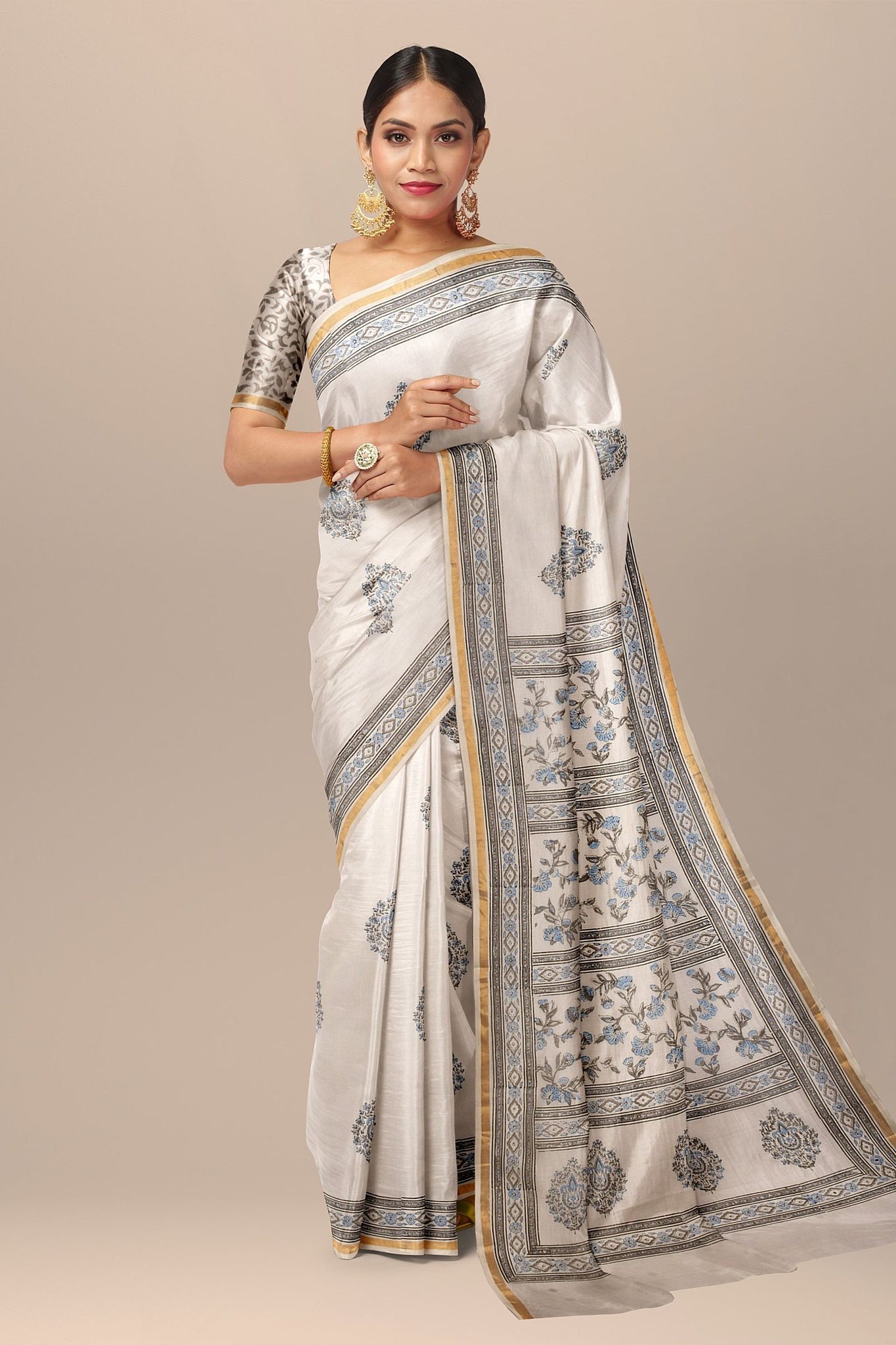 White Mugal Floral Motif Hand Woven Hand Block  Sausar Silk Saree SKU-AS10018