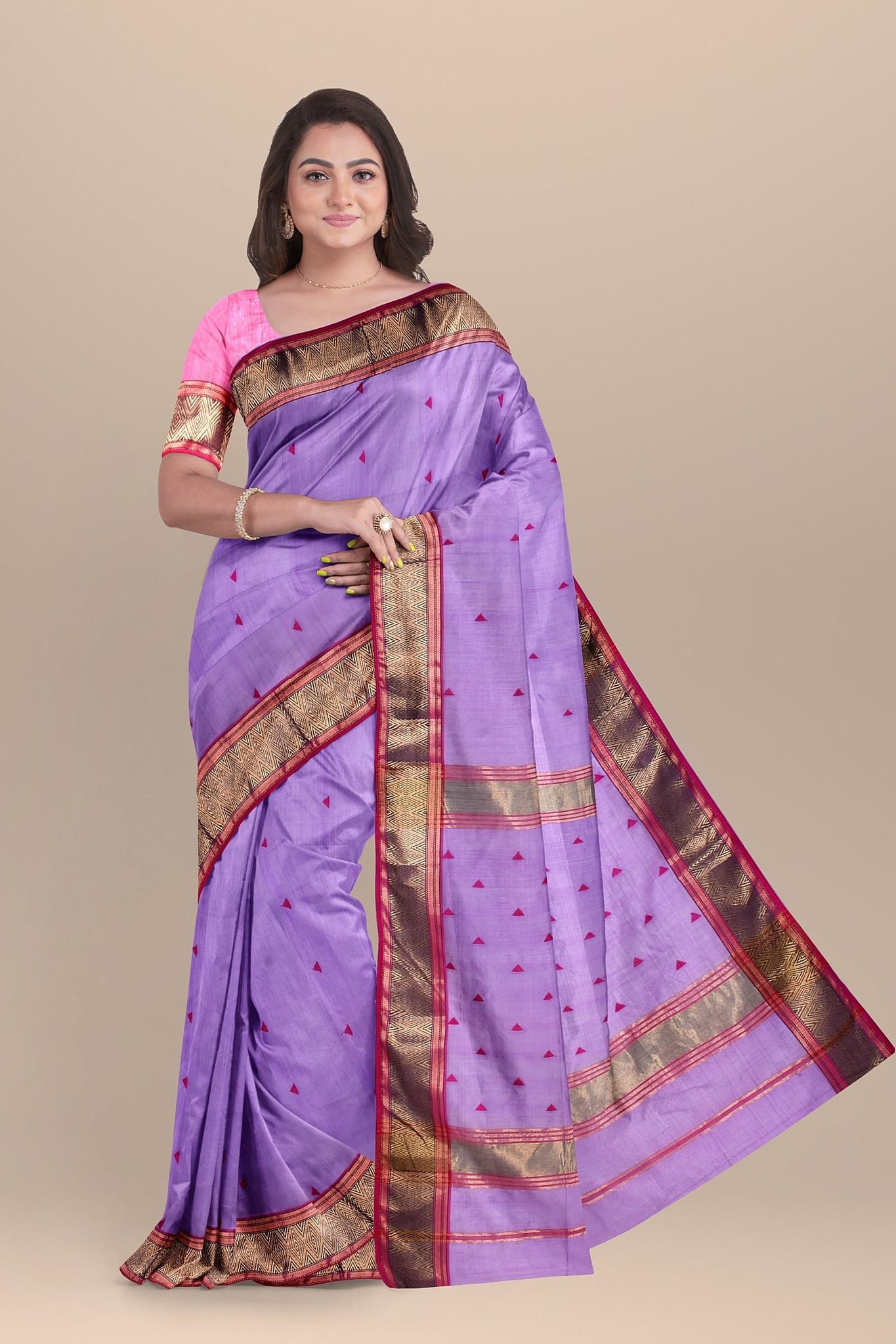 Lavender Color Handwoven  Maheshwari  Silk Saree with Traditional Triangle Buti Border Saree SKU - BS10099