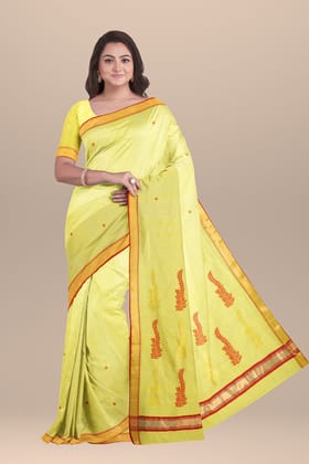 Lemon Yellow Handwoven Traditional Floral Buta Chanderi With Golden Zari Border SKU - BS10139