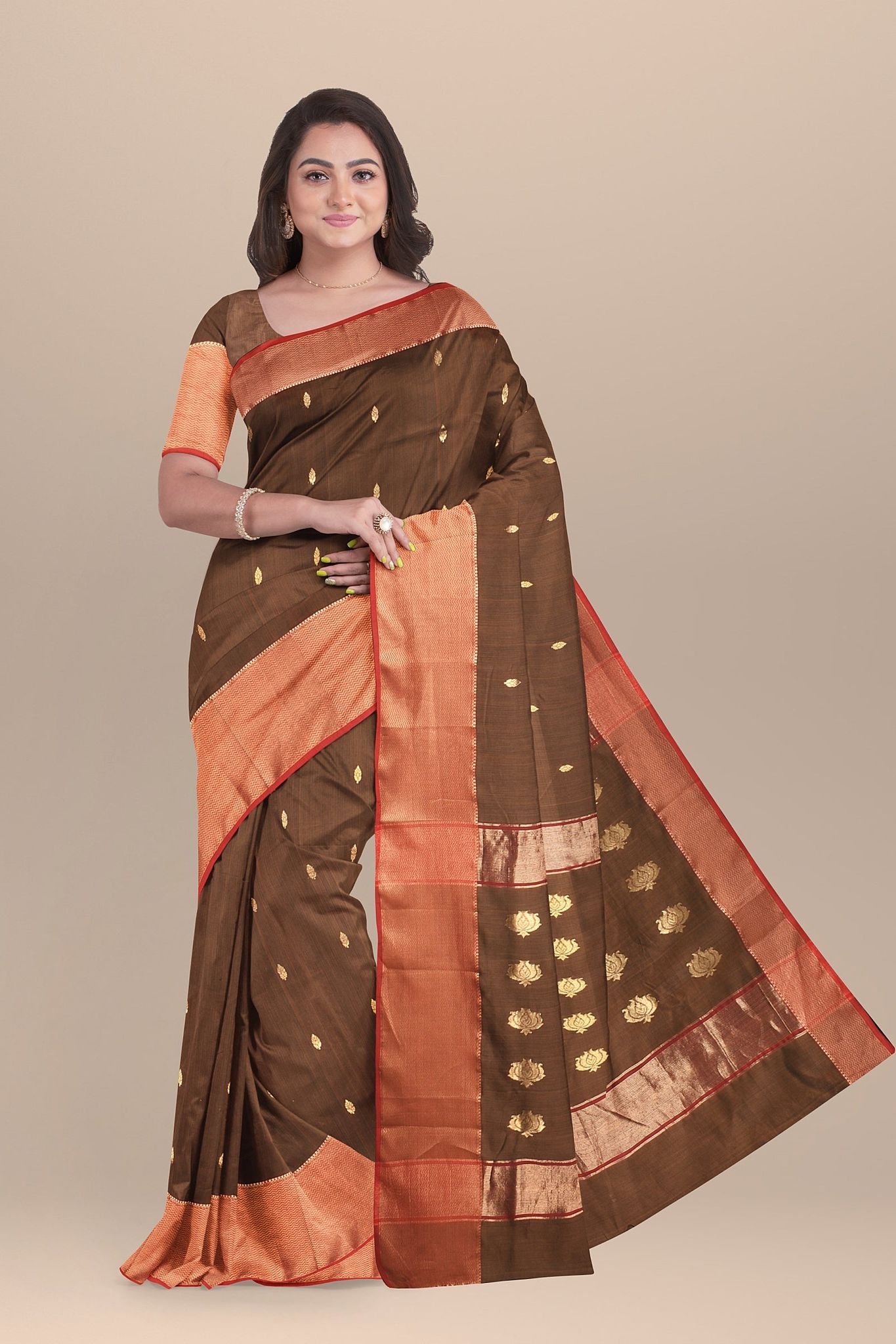 Peanut Brown Handwoven Traditional Buti Sausar Silk with Zari Border Saree SKU- BS10116