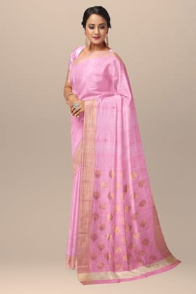 Light Pink Handwoven Traditional Zari Patela Morpankh Buta Chanderi With Golden Zari Border SKU -BS10088