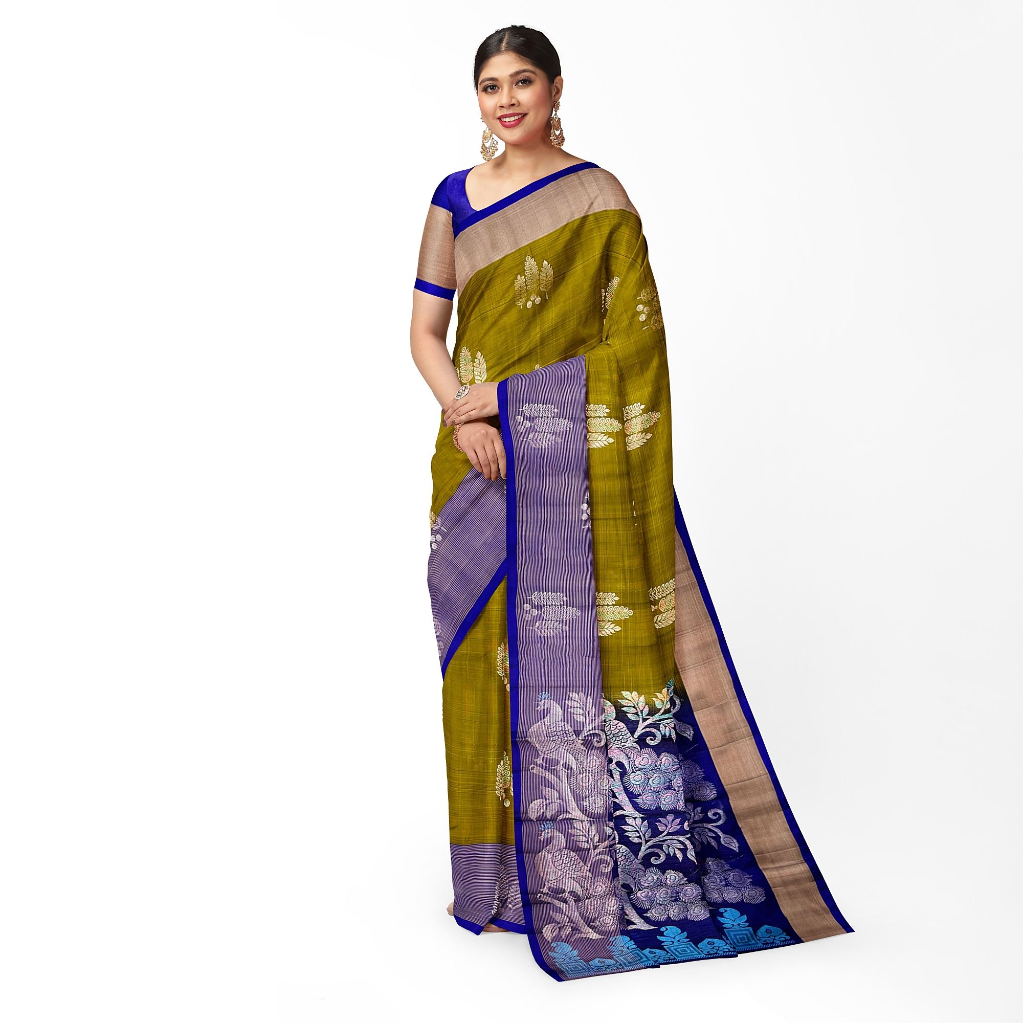 Olive Green Color Leaf Butta Kanjivaram Pure Silk Saree