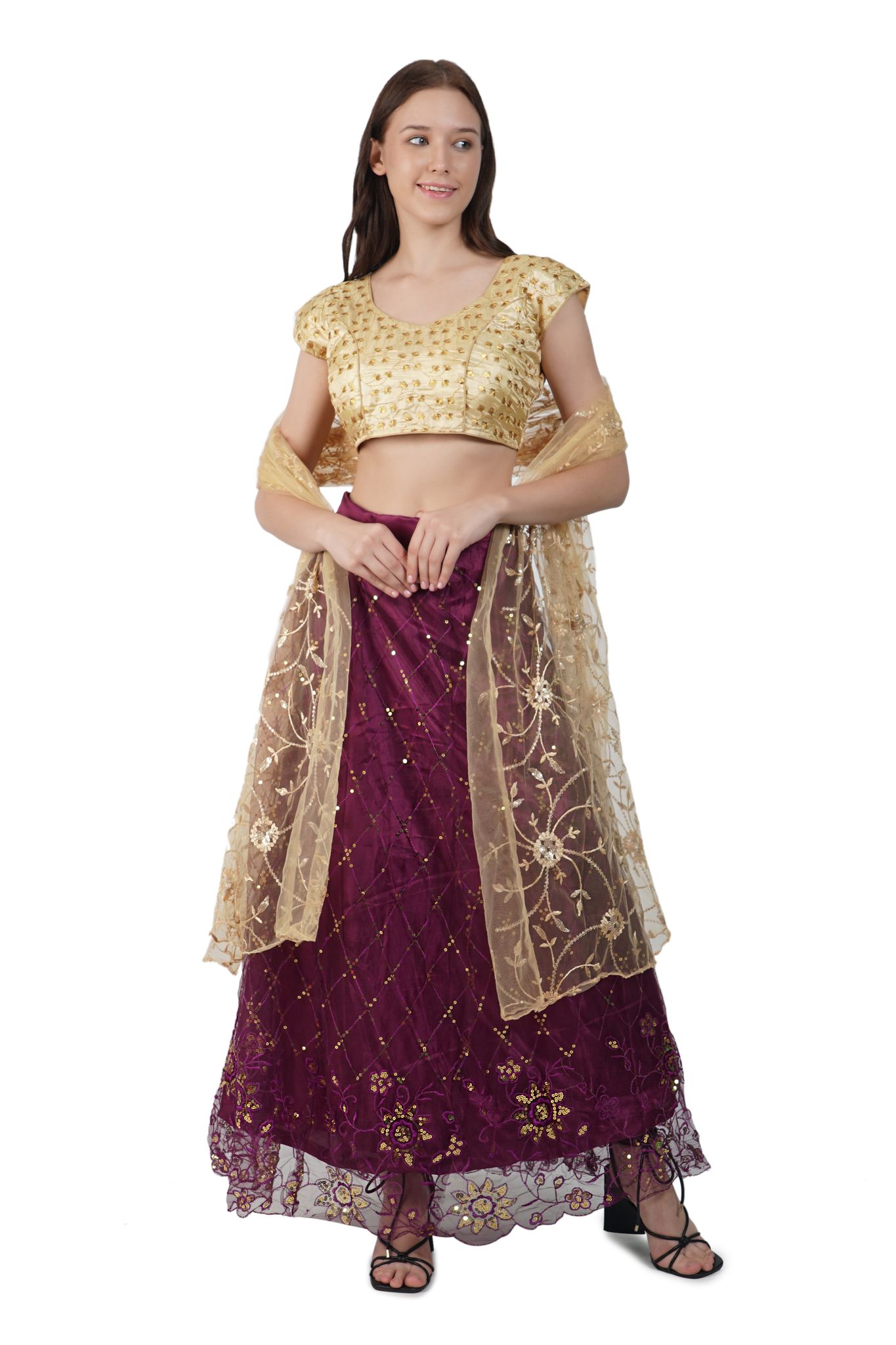 JACOBIN CUCKOO MATERNITY GARMENTS Purple Gold Lehnga Choli with dupatta - Free Size