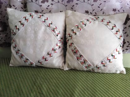 Latest Handmade Decorative White Banarsi Brocade, Multicolor Lace, Hand Made/Stitching Cushion Cover 16 x 16 inches 2 Pcs. Set Latest Handmade Decorative White Banarsi Brocade, Multicolor Lace, Hand Made/Stitching Cushion Cover 16 x 16 inches 2 Pcs. Set