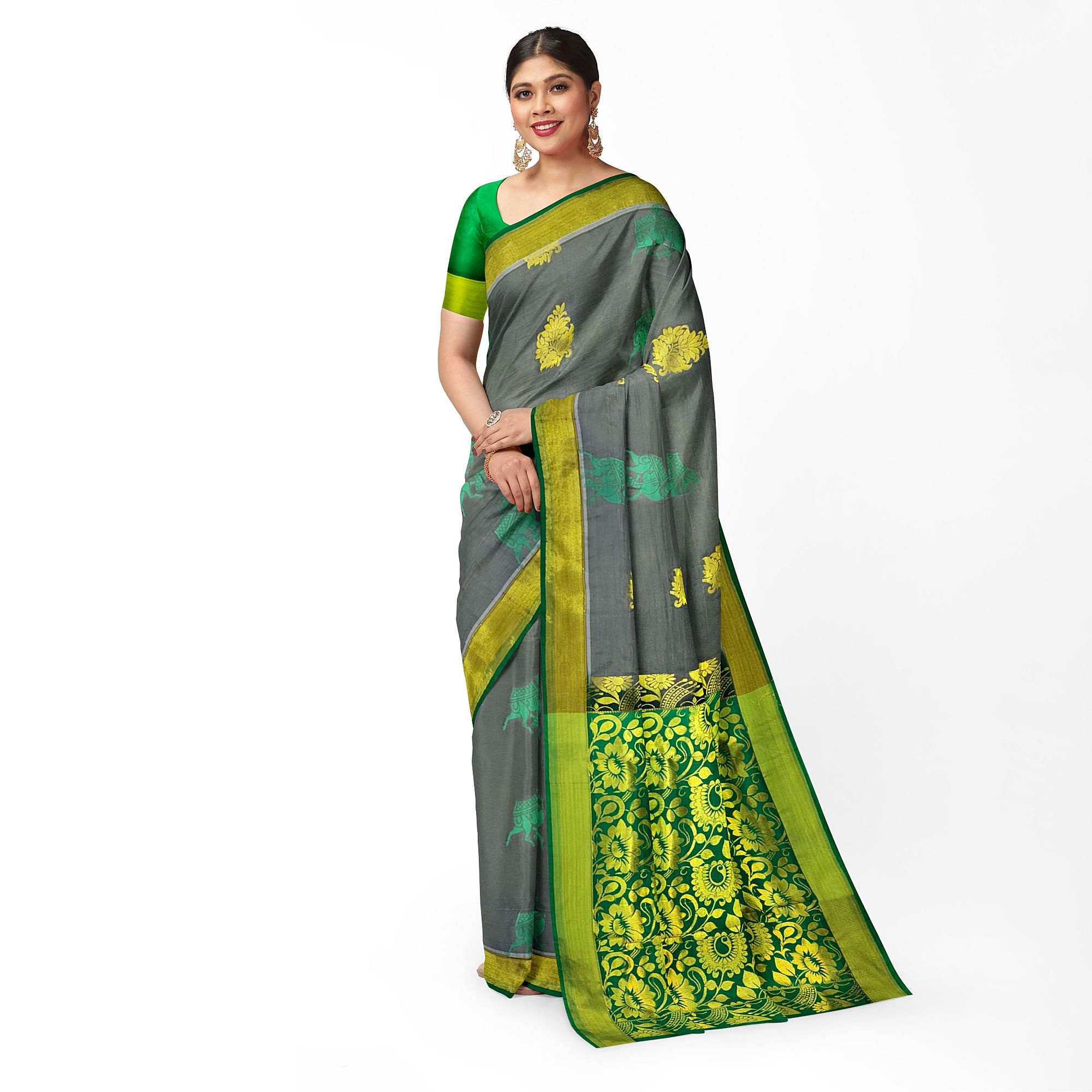 Grey Color Fancy Butta Mixed Soft Silk Saree with Unstitched Blouse