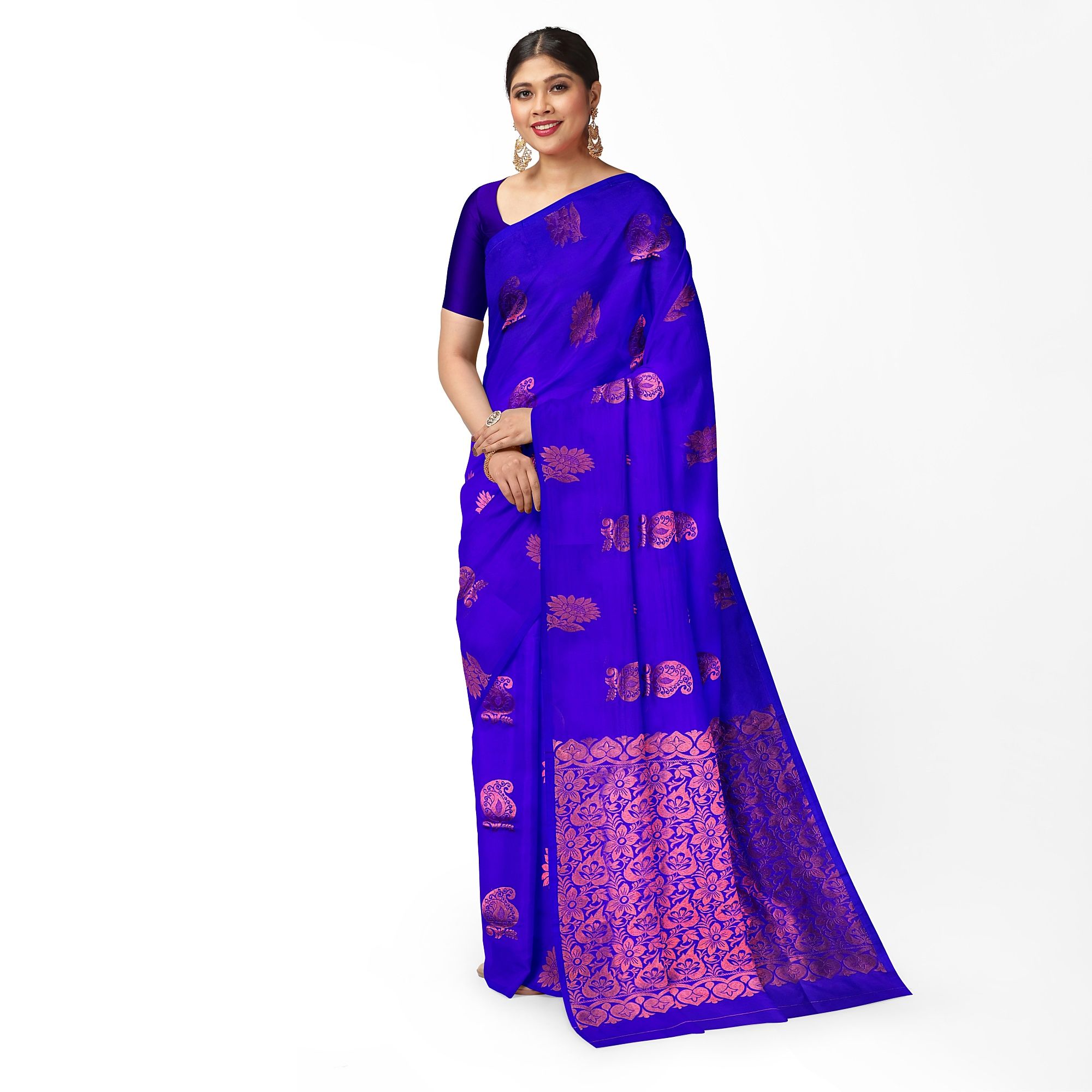 Dark Blue Color Fancy Butta Mixed Soft Silk Saree with Unstitched Blouse