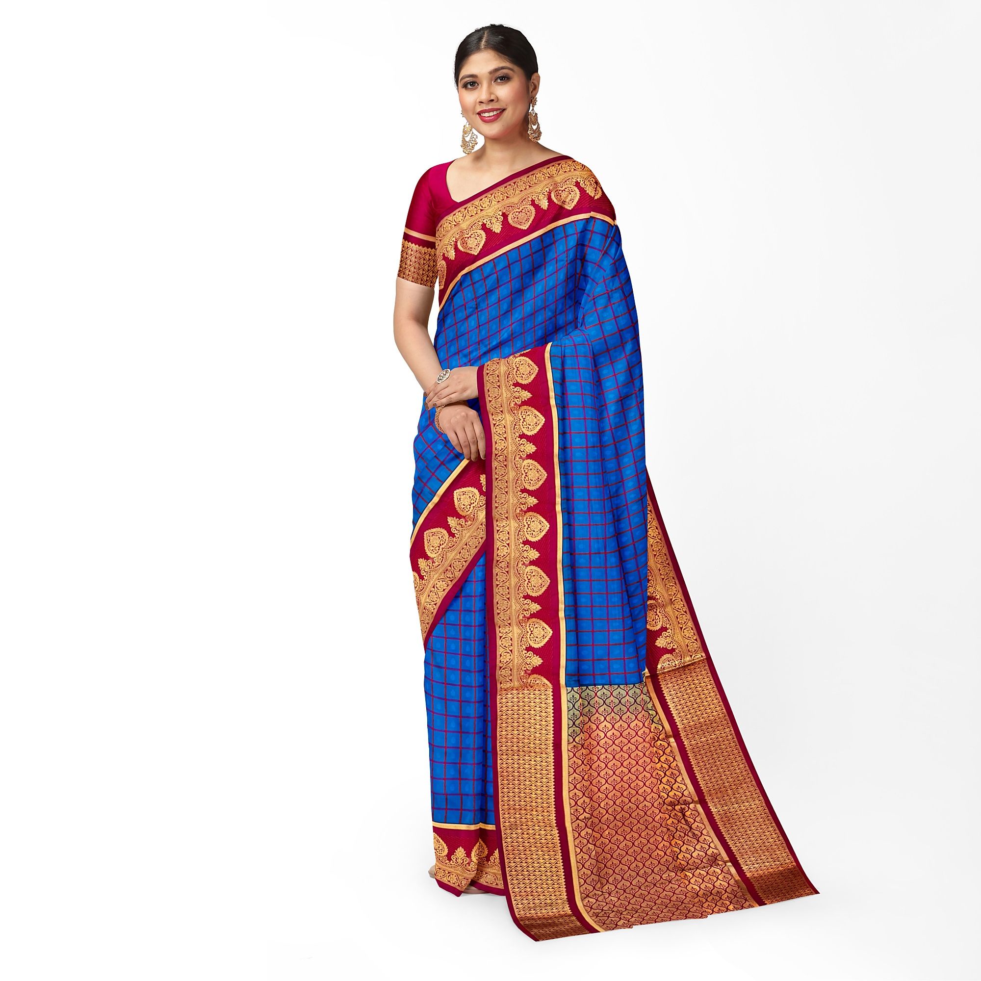 Blue Color Checkered Soft Silk Saree with Unstitched Blouse