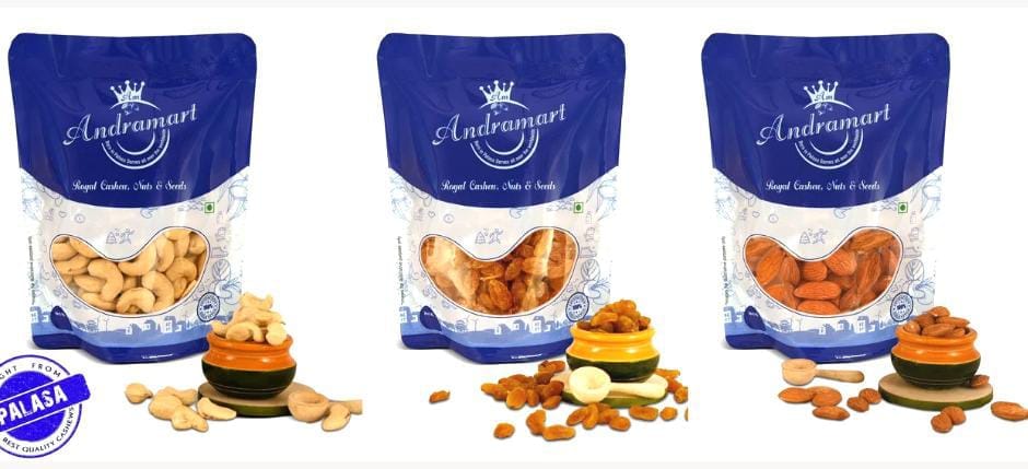AndraMart Combo pack of 300 Gm Premium Cashews | Kaju | Munthiri , Raisons, Almond | 3x100