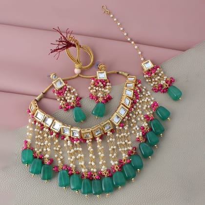LUCKY JEWELLERY Back Meenakari 18k Gold Plated Multicolor Tika Earring Combo Uncut Big Faux Kundan Choker Necklace set