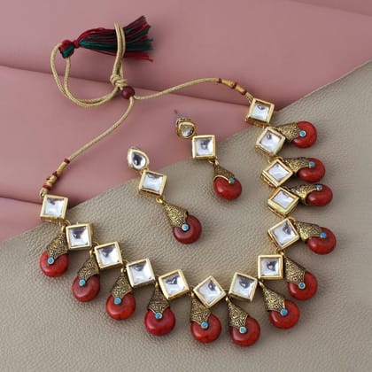 LUCKY JEWELLERY Back Meenakari 18k Gold Plated Red Color  Earring Combo Uncut Big Faux Kundan Choker Necklace set