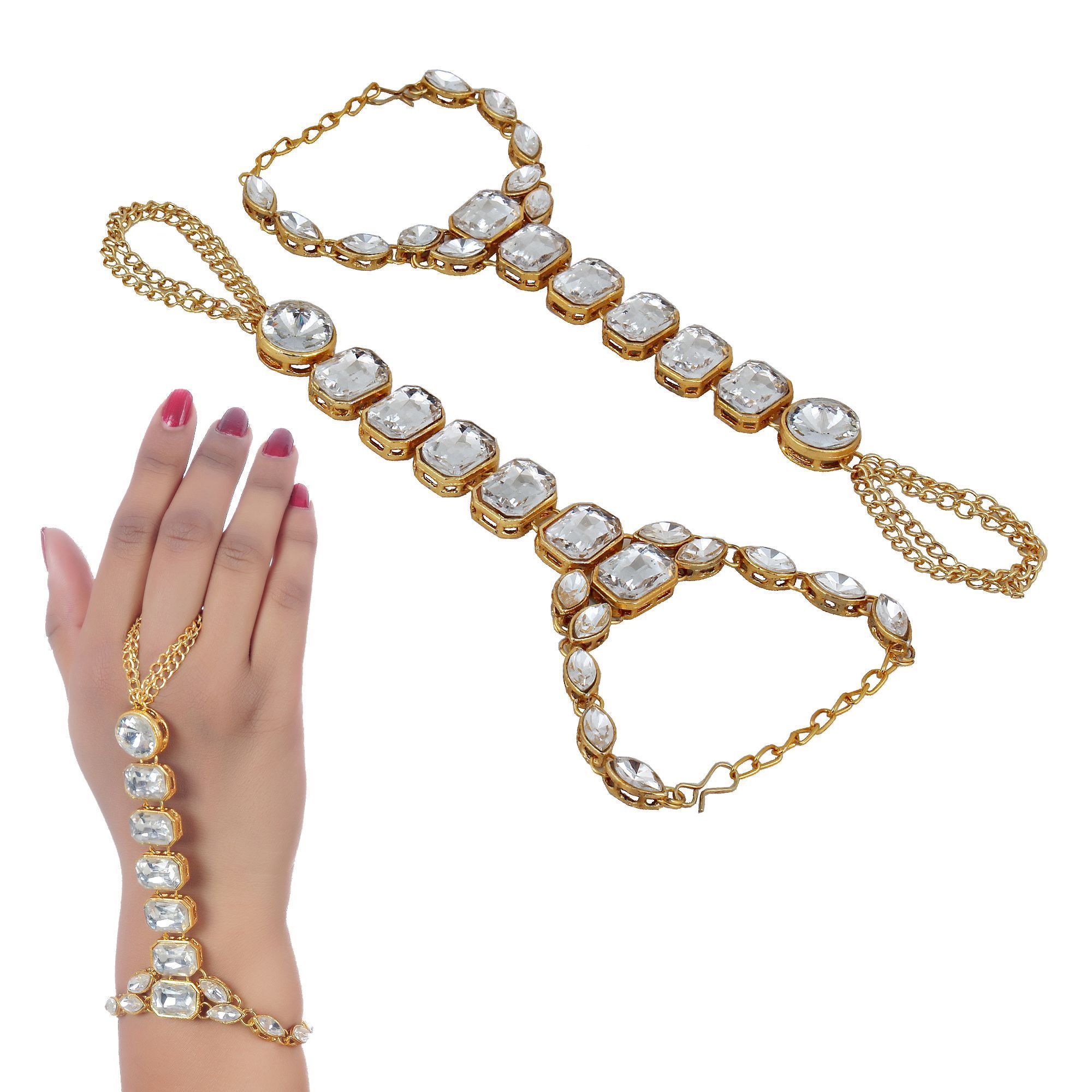 Lucky Jewellery Elegant White Color Gold Plated Finger Ring Bracelet Hand Harness Hathphool For Girls & Women (364-L1HS-18-W-2)