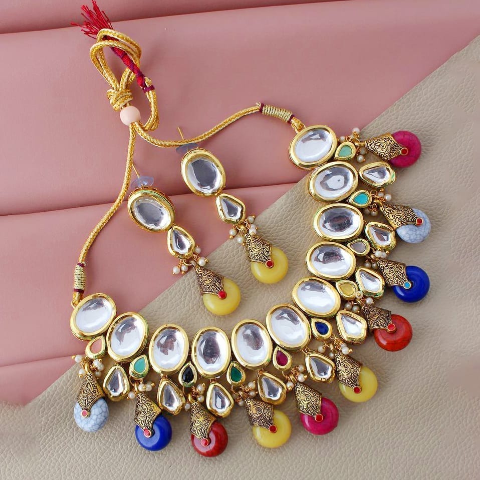 LUCKY JEWELLERY Back Meenakari 18k Gold Plated Multicolor Tika Earring Combo Uncut Big Faux Kundan Choker Necklace set