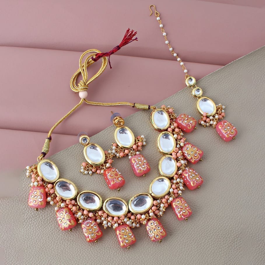 LUCKY JEWELLERY Back Meenakari 18k Gold Plated Peach Color  Tika Earring Combo Uncut Big Faux Kundan Choker Necklace set